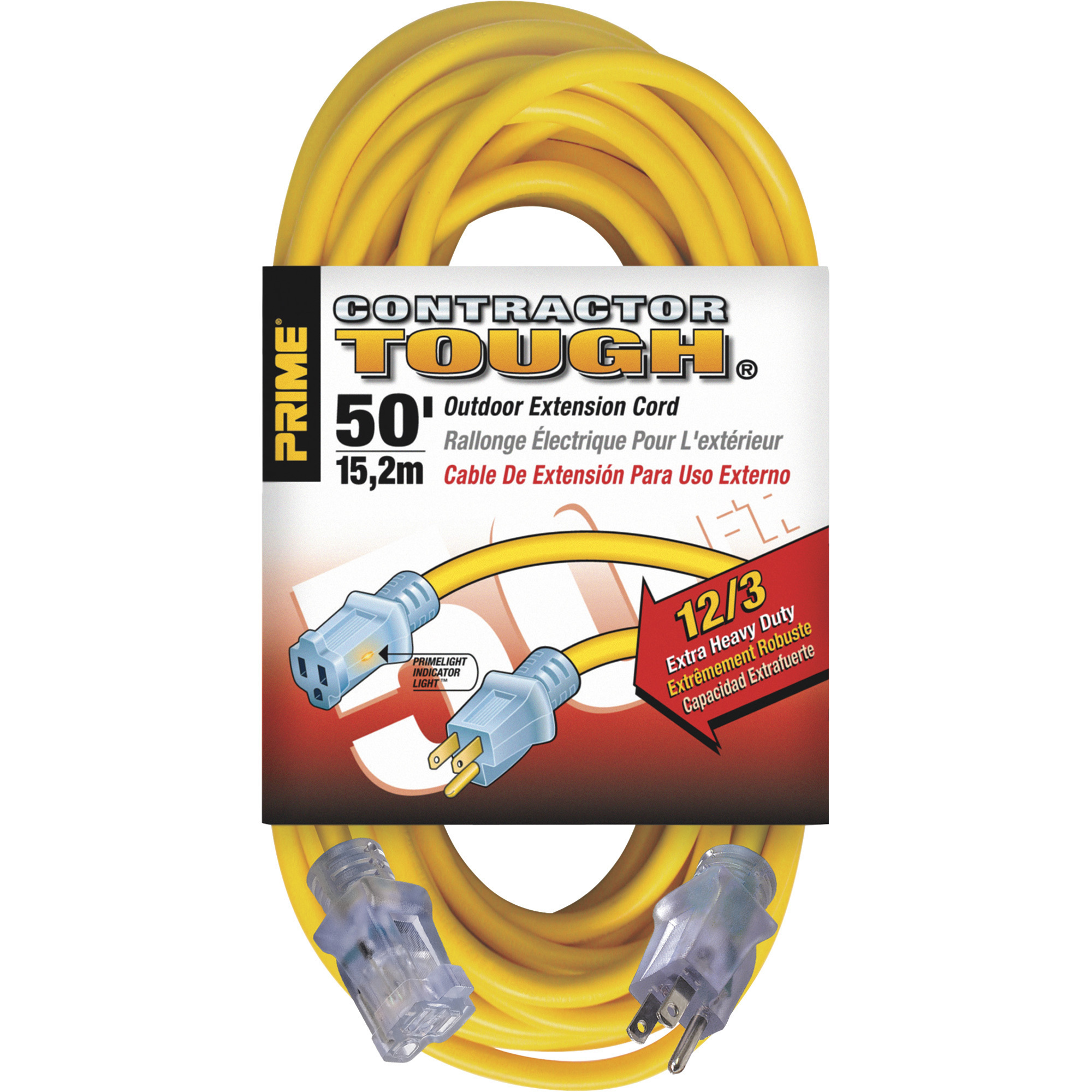 Prime Wire & Cable Contractor Tough Outdoor Extension Cord, 50ft., 12/3 Gauge, 15 Amps, Yellow, Model# EC511830